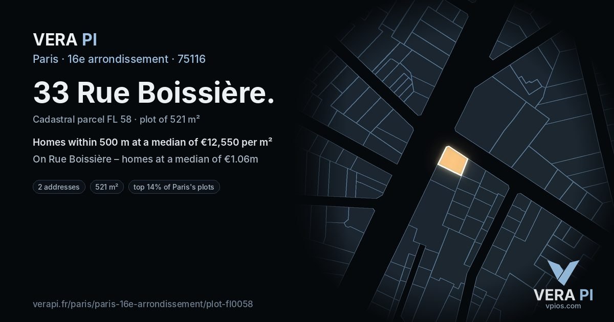 33 Rue Boissière, 16e arrondissement at night – the plot lit, the parcels around coloured by the prices near them