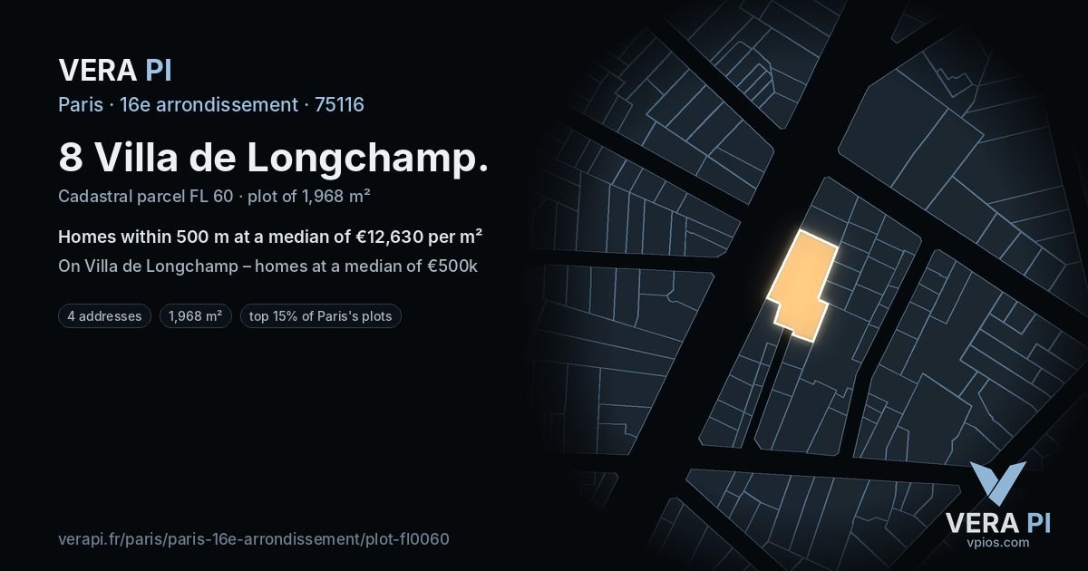 8 Villa de Longchamp, 16e arrondissement at night – the plot lit, the parcels around coloured by the prices near them