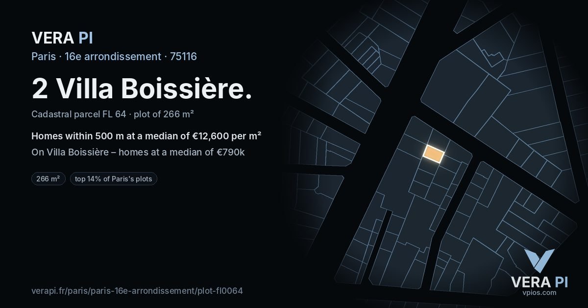 2 Villa Boissière, 16e arrondissement at night – the plot lit, the parcels around coloured by the prices near them