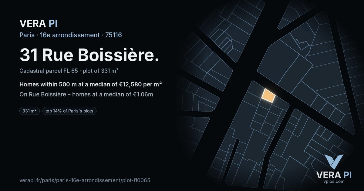 31 Rue Boissière, 16e arrondissement at night – the plot lit, the parcels around coloured by the prices near them