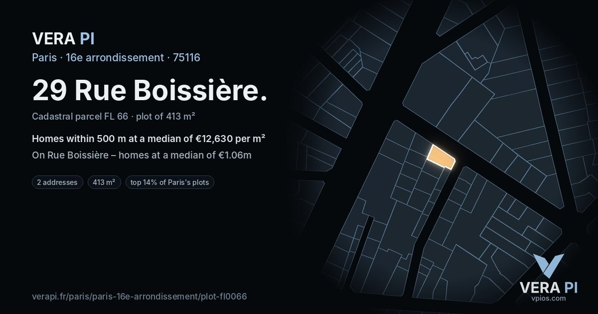 29 Rue Boissière, 16e arrondissement at night – the plot lit, the parcels around coloured by the prices near them