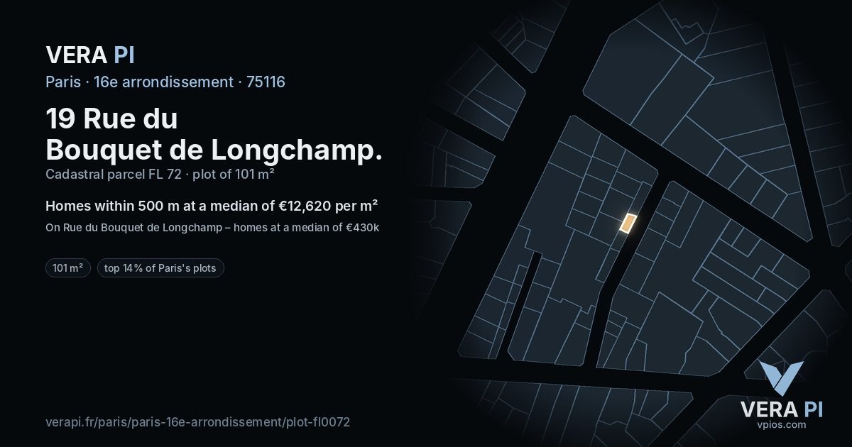 19 Rue du Bouquet de Longchamp, 16e arrondissement at night – the plot lit, the parcels around coloured by the prices near them