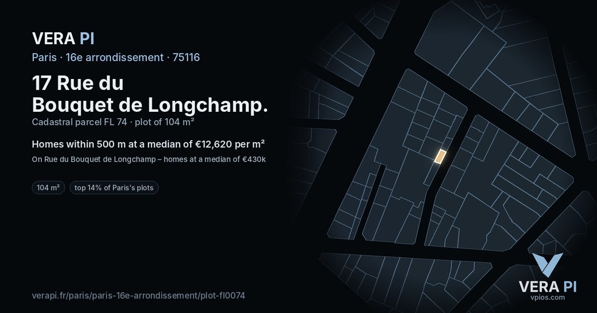17 Rue du Bouquet de Longchamp, 16e arrondissement at night – the plot lit, the parcels around coloured by the prices near them