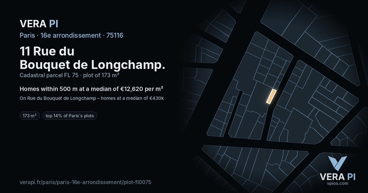 11 Rue du Bouquet de Longchamp, 16e arrondissement at night – the plot lit, the parcels around coloured by the prices near them