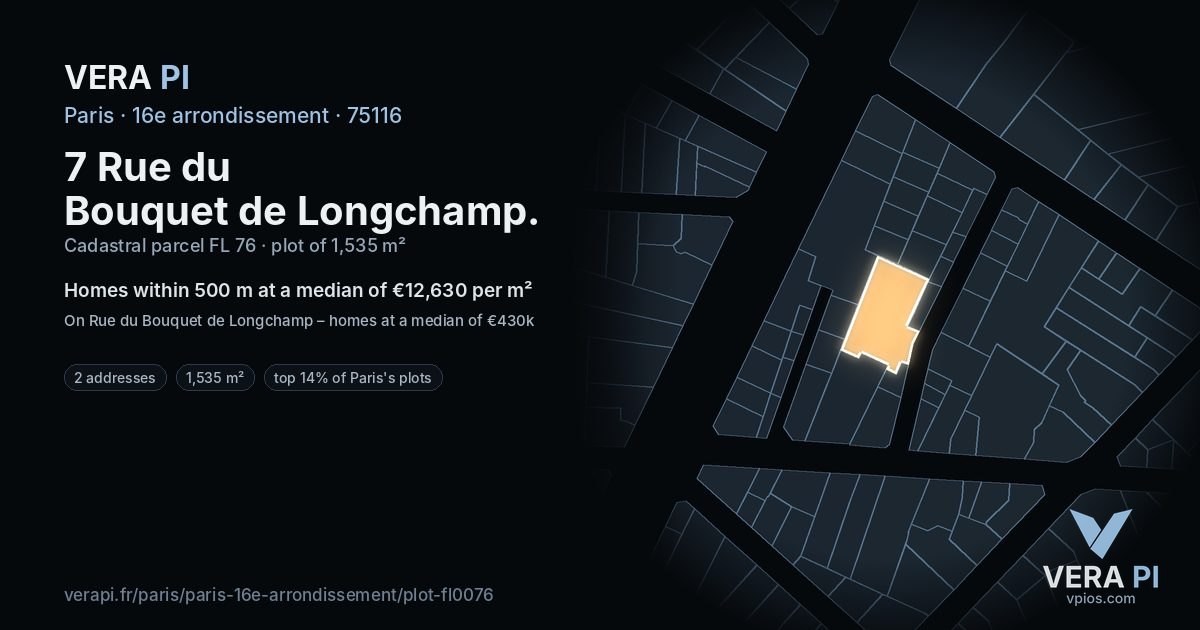 7 Rue du Bouquet de Longchamp, 16e arrondissement at night – the plot lit, the parcels around coloured by the prices near them