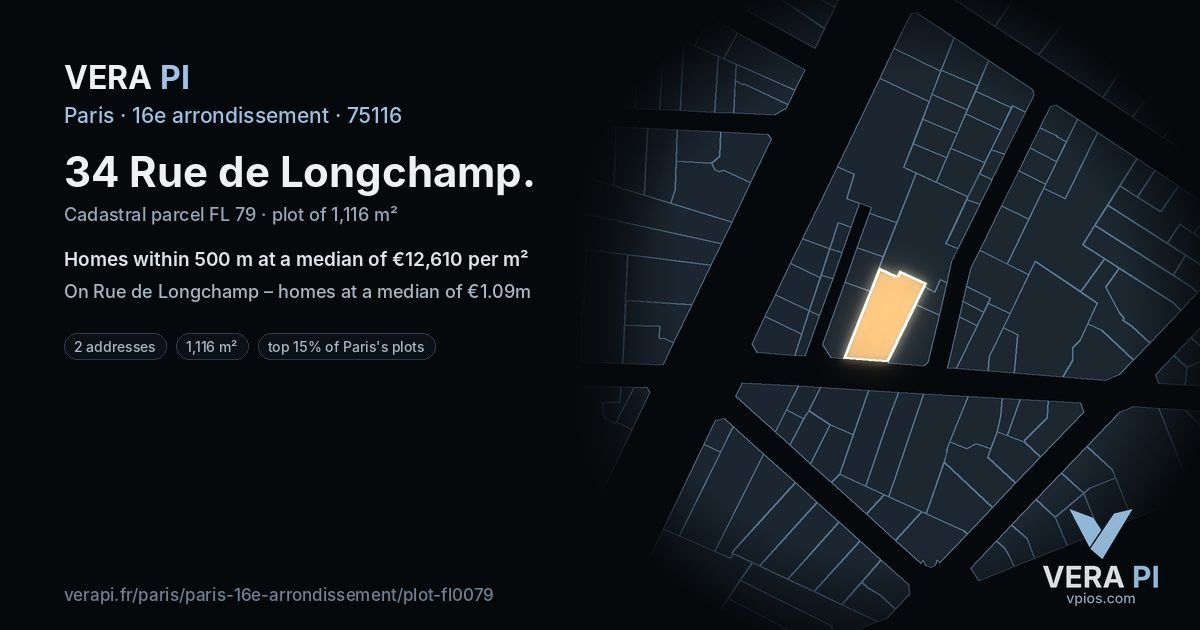 34 Rue de Longchamp, 16e arrondissement at night – the plot lit, the parcels around coloured by the prices near them