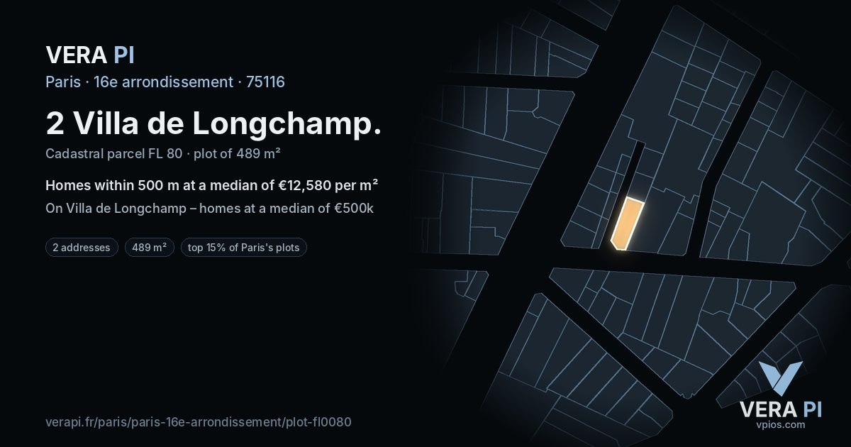 2 Villa de Longchamp, 16e arrondissement at night – the plot lit, the parcels around coloured by the prices near them