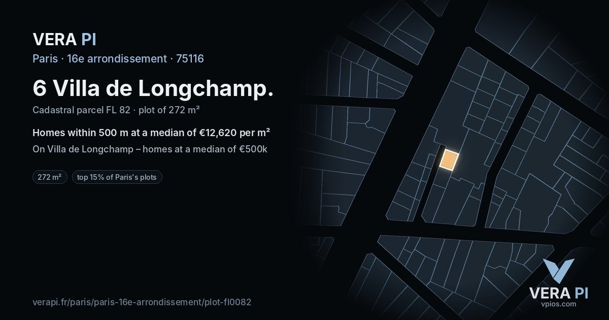 6 Villa de Longchamp, 16e arrondissement at night – the plot lit, the parcels around coloured by the prices near them