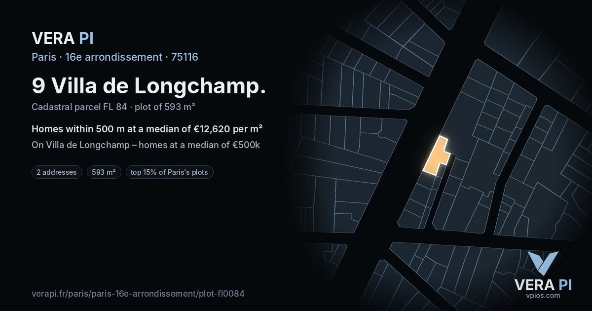 9 Villa de Longchamp, 16e arrondissement at night – the plot lit, the parcels around coloured by the prices near them