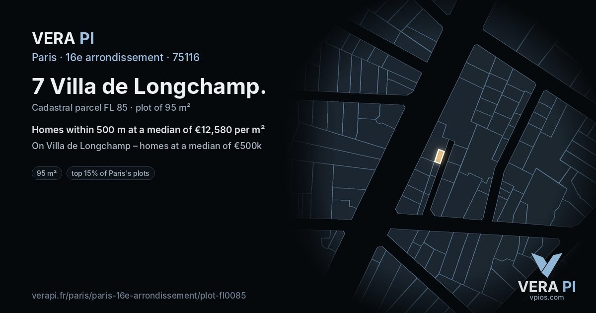 7 Villa de Longchamp, 16e arrondissement at night – the plot lit, the parcels around coloured by the prices near them