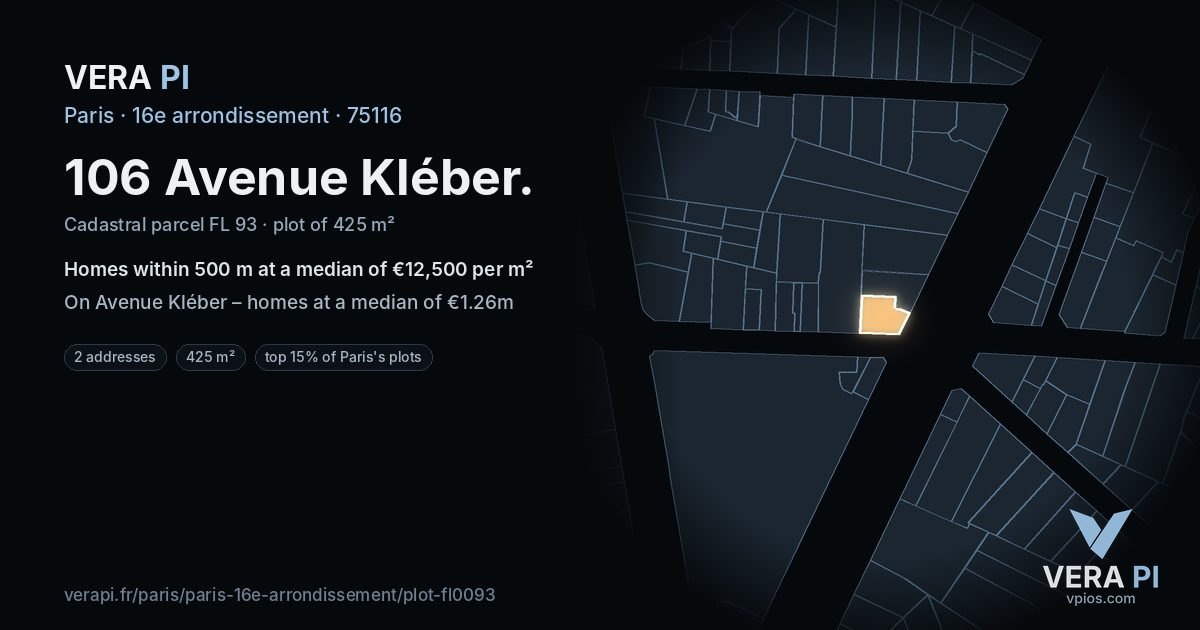 106 Avenue Kléber, 16e arrondissement at night – the plot lit, the parcels around coloured by the prices near them