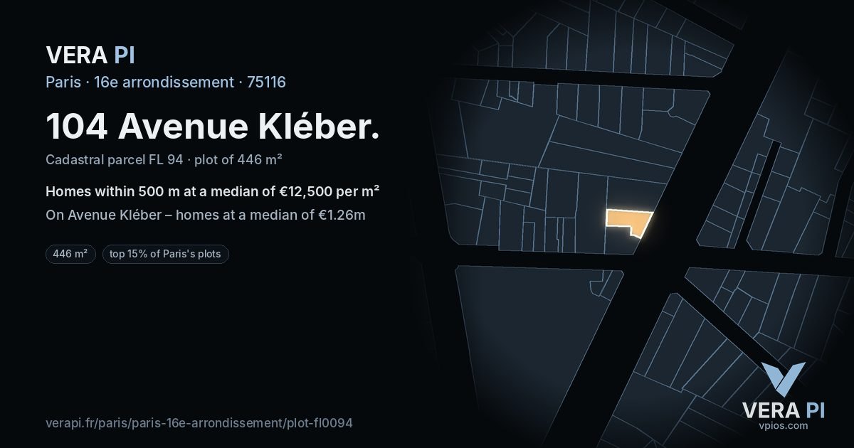 104 Avenue Kléber, 16e arrondissement at night – the plot lit, the parcels around coloured by the prices near them