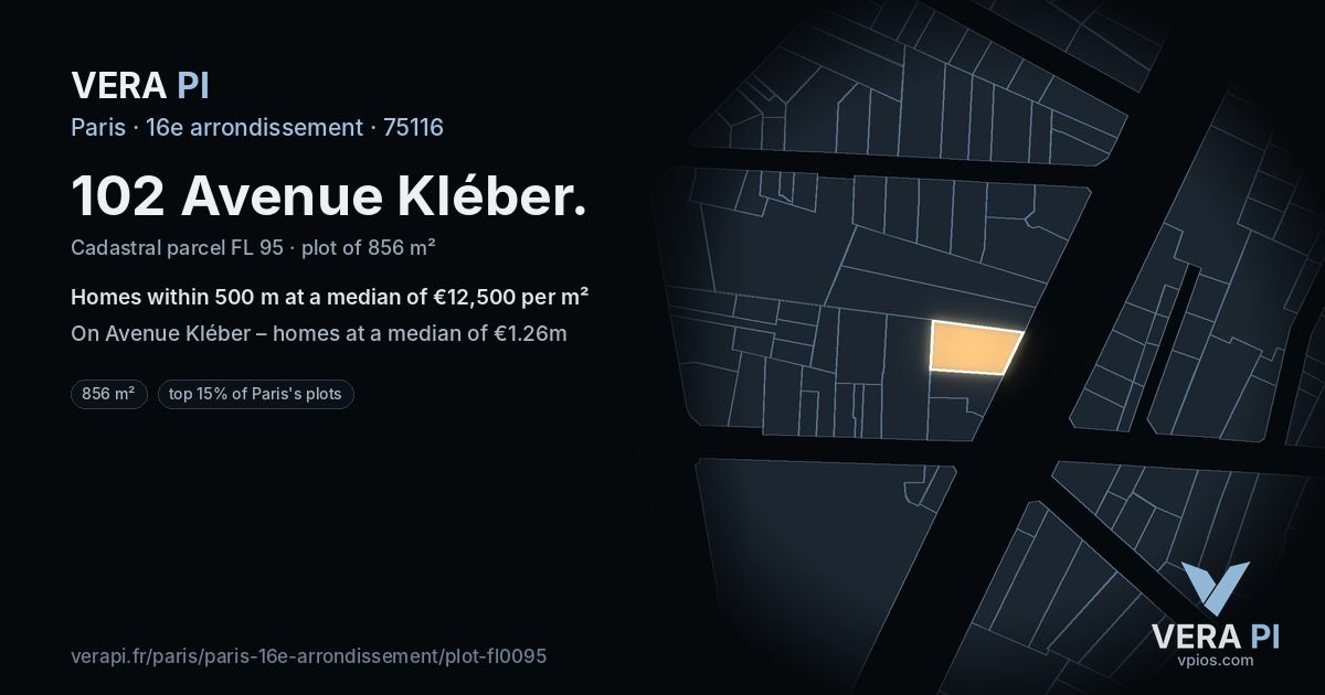 102 Avenue Kléber, 16e arrondissement at night – the plot lit, the parcels around coloured by the prices near them