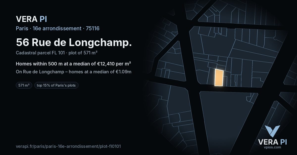 56 Rue de Longchamp, 16e arrondissement at night – the plot lit, the parcels around coloured by the prices near them