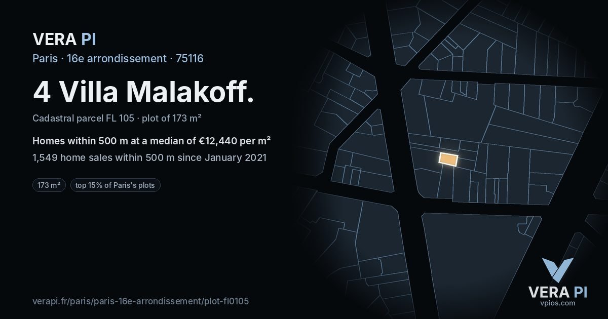 4 Villa Malakoff, 16e arrondissement at night – the plot lit, the parcels around coloured by the prices near them