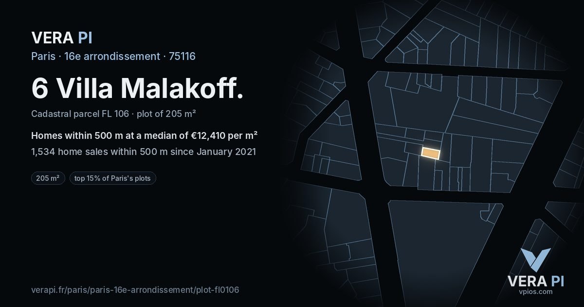 6 Villa Malakoff, 16e arrondissement at night – the plot lit, the parcels around coloured by the prices near them