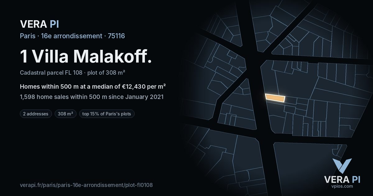 1 Villa Malakoff, 16e arrondissement at night – the plot lit, the parcels around coloured by the prices near them