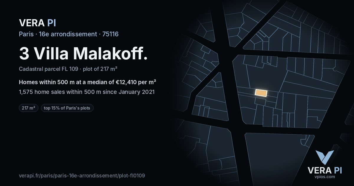 3 Villa Malakoff, 16e arrondissement at night – the plot lit, the parcels around coloured by the prices near them