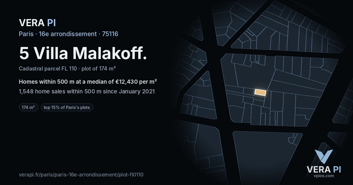 5 Villa Malakoff, 16e arrondissement at night – the plot lit, the parcels around coloured by the prices near them