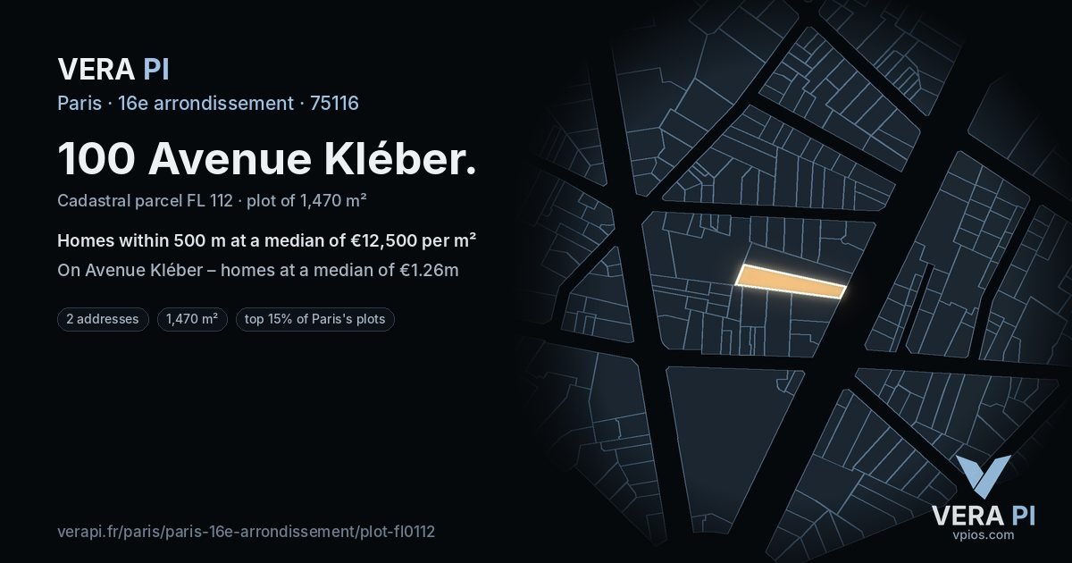 100 Avenue Kléber, 16e arrondissement at night – the plot lit, the parcels around coloured by the prices near them
