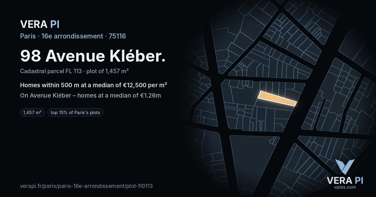 98 Avenue Kléber, 16e arrondissement at night – the plot lit, the parcels around coloured by the prices near them