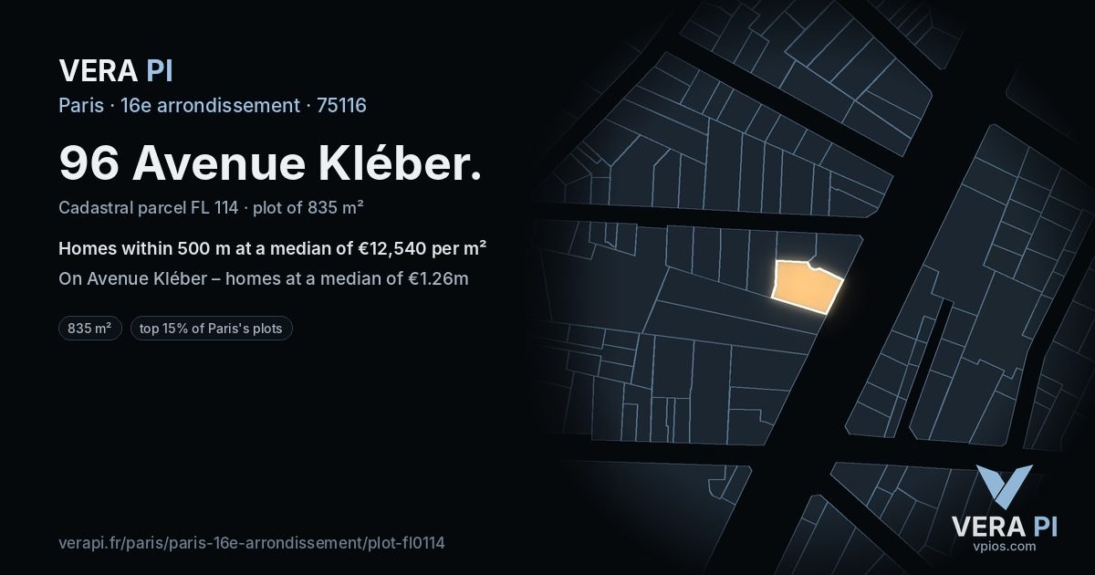96 Avenue Kléber, 16e arrondissement at night – the plot lit, the parcels around coloured by the prices near them