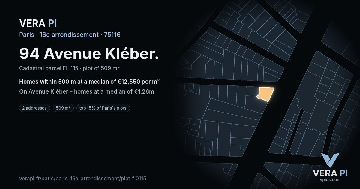 94 Avenue Kléber, 16e arrondissement at night – the plot lit, the parcels around coloured by the prices near them