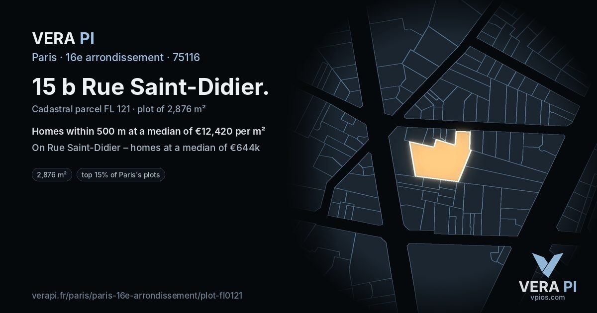 15 b Rue Saint-Didier, 16e arrondissement at night – the plot lit, the parcels around coloured by the prices near them