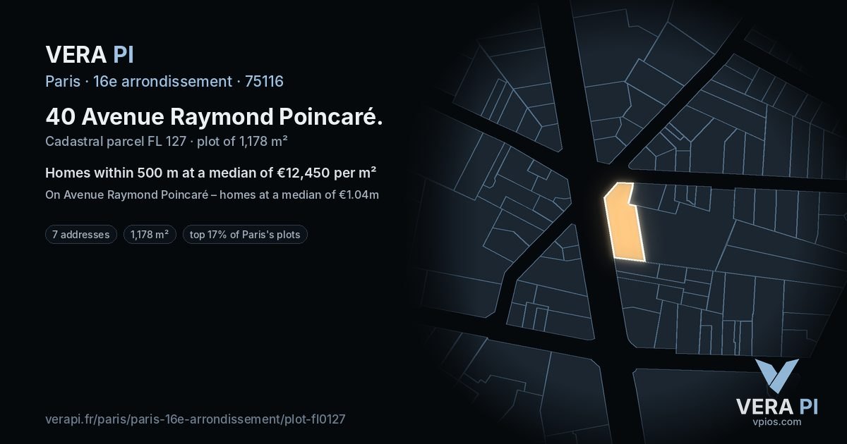 40 Avenue Raymond Poincaré, 16e arrondissement at night – the plot lit, the parcels around coloured by the prices near them