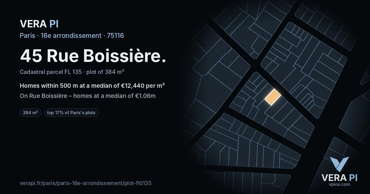 45 Rue Boissière, 16e arrondissement at night – the plot lit, the parcels around coloured by the prices near them