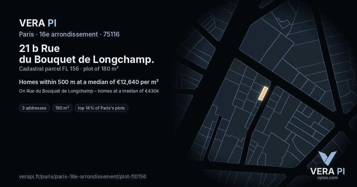 21 b Rue du Bouquet de Longchamp, 16e arrondissement at night – the plot lit, the parcels around coloured by the prices near them