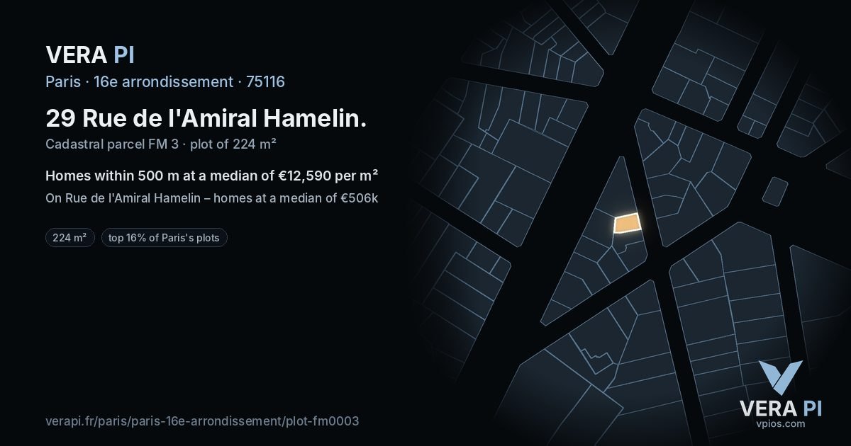 29 Rue de l'Amiral Hamelin, 16e arrondissement at night – the plot lit, the parcels around coloured by the prices near them