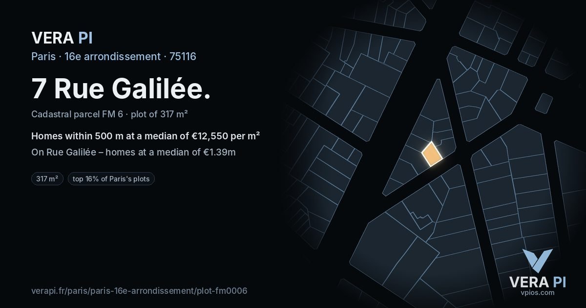 7 Rue Galilée, 16e arrondissement at night – the plot lit, the parcels around coloured by the prices near them