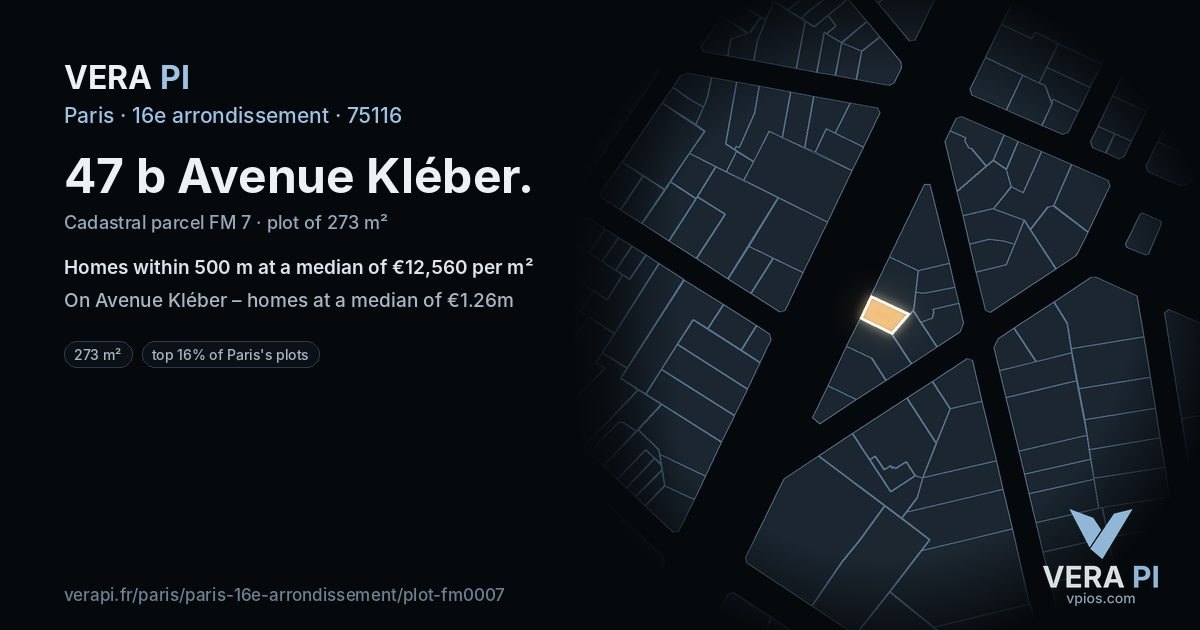 47 b Avenue Kléber, 16e arrondissement at night – the plot lit, the parcels around coloured by the prices near them