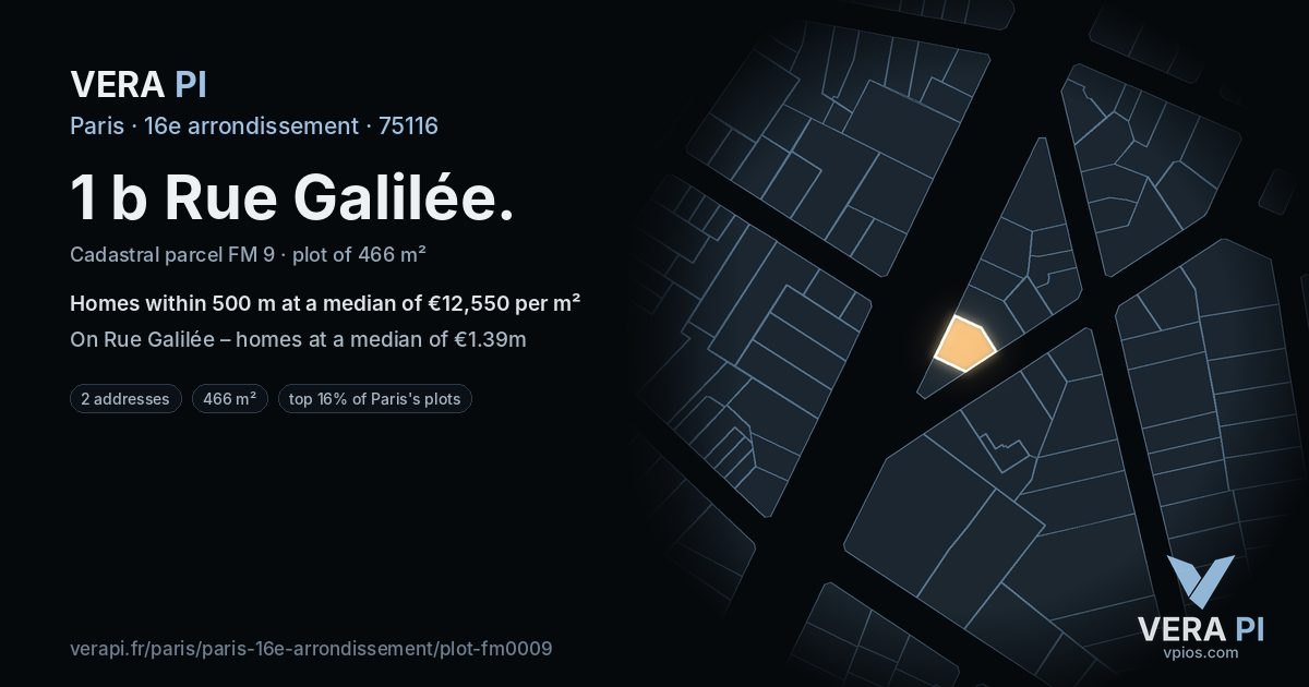 1 b Rue Galilée, 16e arrondissement at night – the plot lit, the parcels around coloured by the prices near them