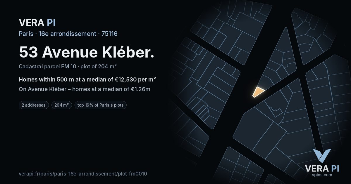 53 Avenue Kléber, 16e arrondissement at night – the plot lit, the parcels around coloured by the prices near them