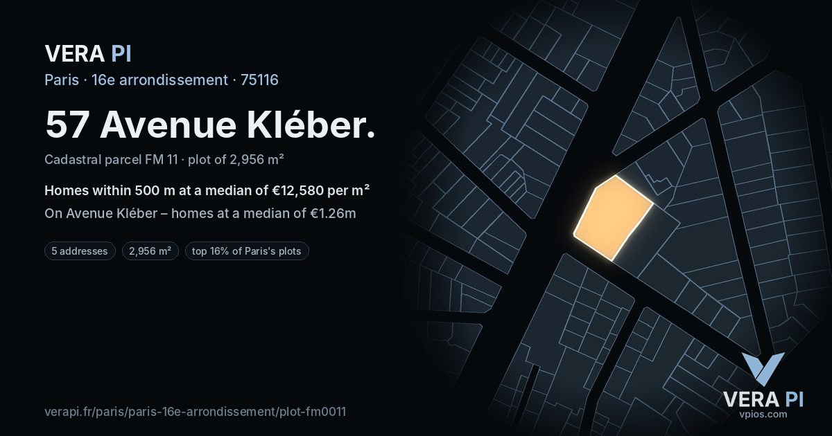 57 Avenue Kléber, 16e arrondissement at night – the plot lit, the parcels around coloured by the prices near them