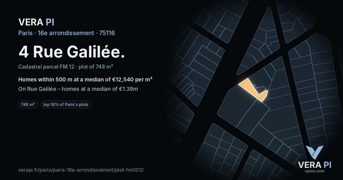 4 Rue Galilée, 16e arrondissement at night – the plot lit, the parcels around coloured by the prices near them