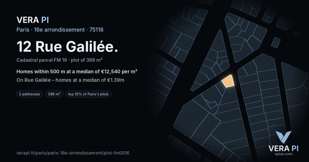 12 Rue Galilée, 16e arrondissement at night – the plot lit, the parcels around coloured by the prices near them