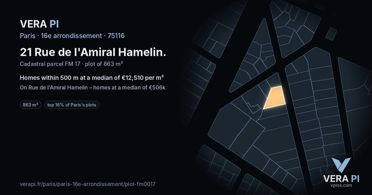 21 Rue de l'Amiral Hamelin, 16e arrondissement at night – the plot lit, the parcels around coloured by the prices near them