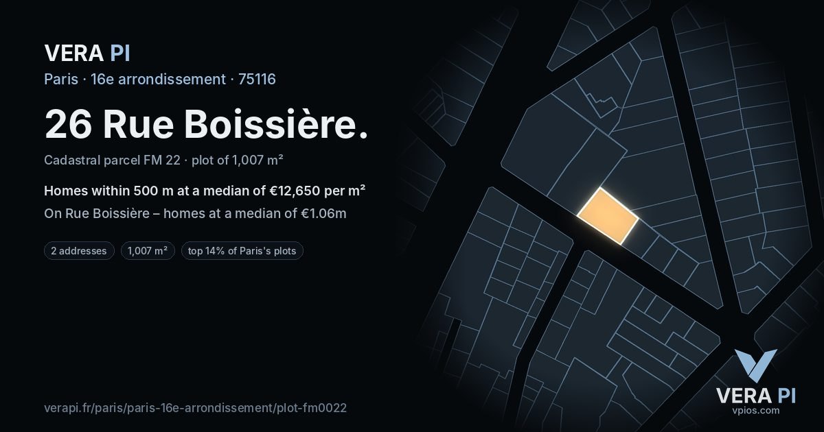 26 Rue Boissière, 16e arrondissement at night – the plot lit, the parcels around coloured by the prices near them
