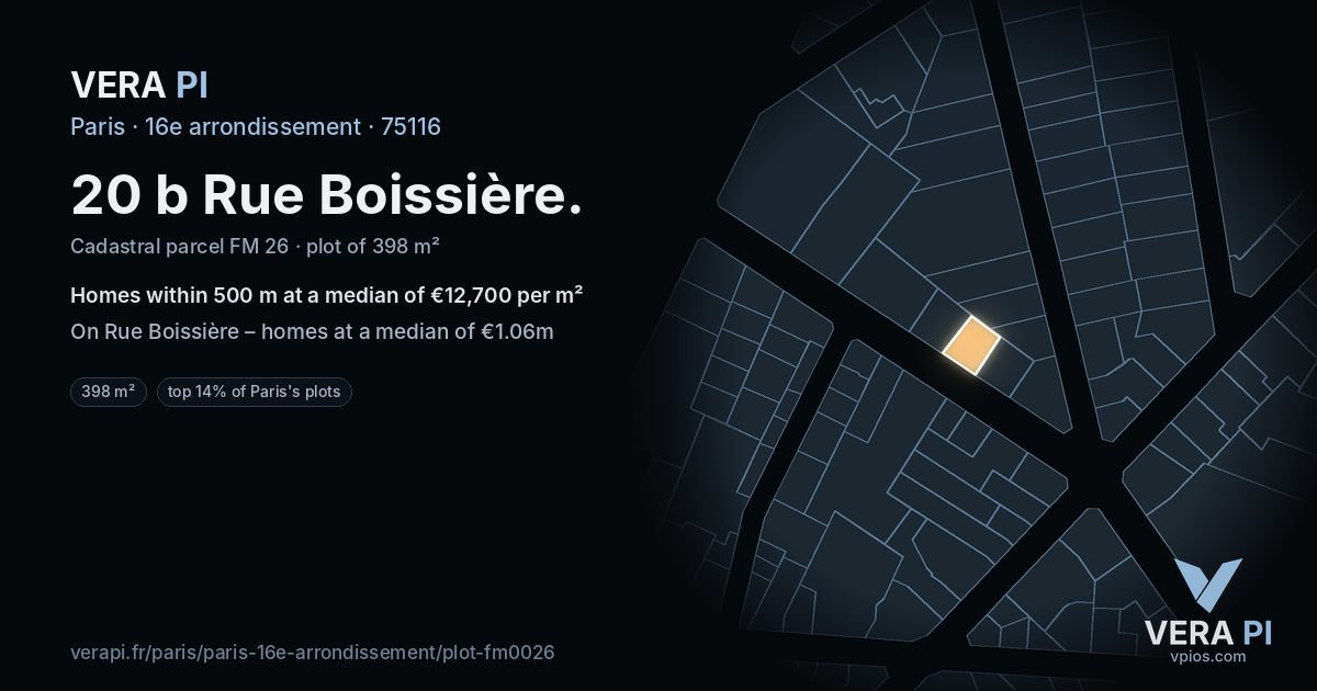 20 b Rue Boissière, 16e arrondissement at night – the plot lit, the parcels around coloured by the prices near them