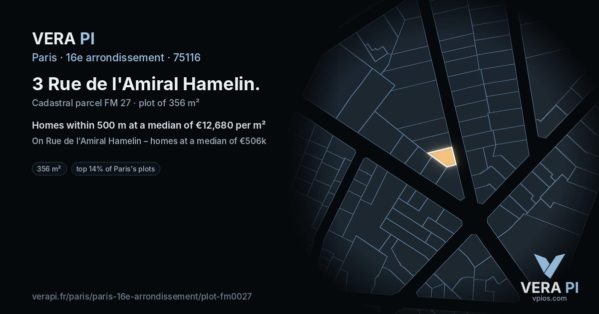 3 Rue de l'Amiral Hamelin, 16e arrondissement at night – the plot lit, the parcels around coloured by the prices near them