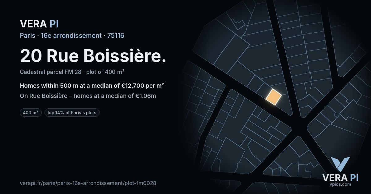20 Rue Boissière, 16e arrondissement at night – the plot lit, the parcels around coloured by the prices near them