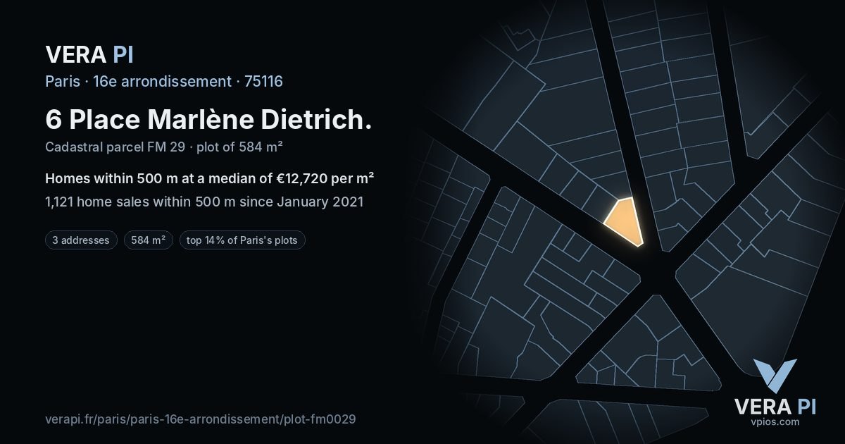 6 Place Marlène Dietrich, 16e arrondissement at night – the plot lit, the parcels around coloured by the prices near them
