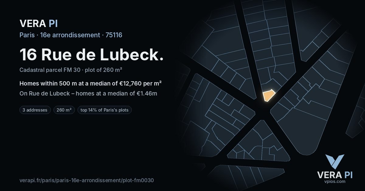 16 Rue de Lubeck, 16e arrondissement at night – the plot lit, the parcels around coloured by the prices near them