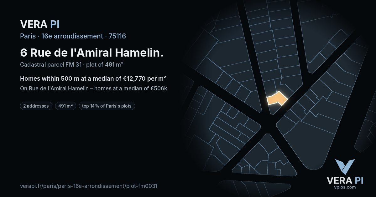 6 Rue de l'Amiral Hamelin, 16e arrondissement at night – the plot lit, the parcels around coloured by the prices near them