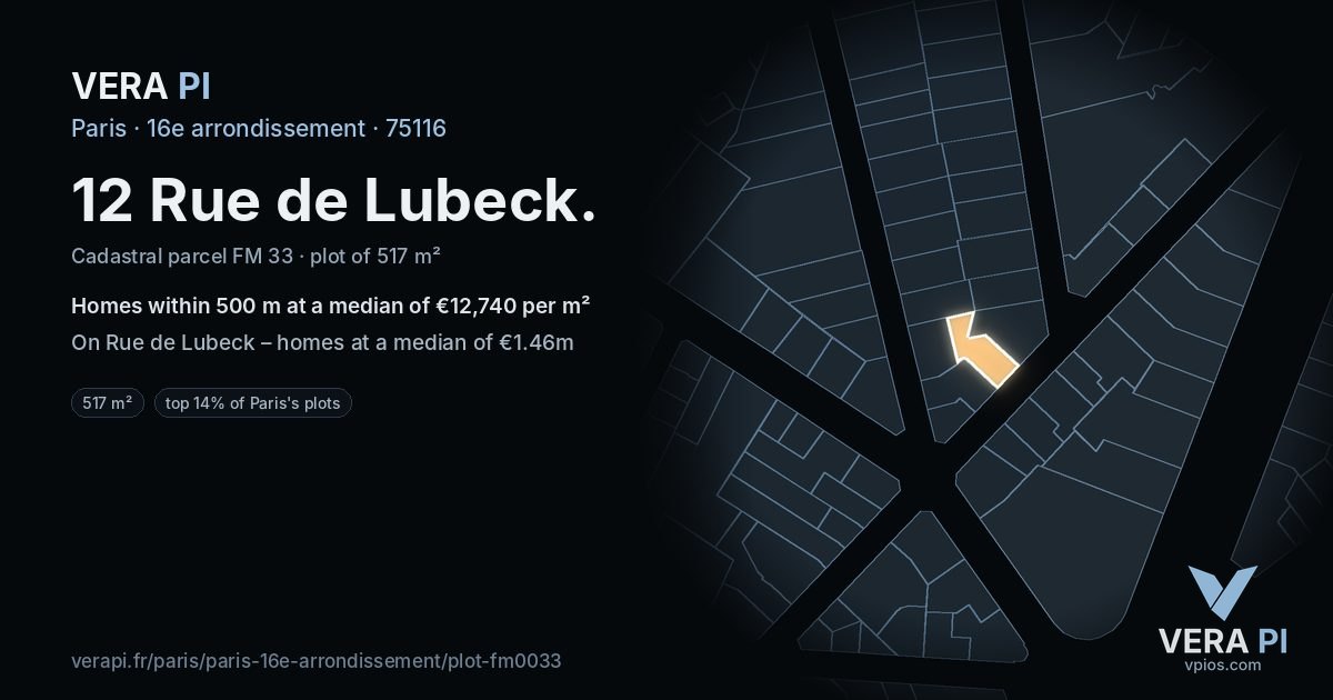 12 Rue de Lubeck, 16e arrondissement at night – the plot lit, the parcels around coloured by the prices near them