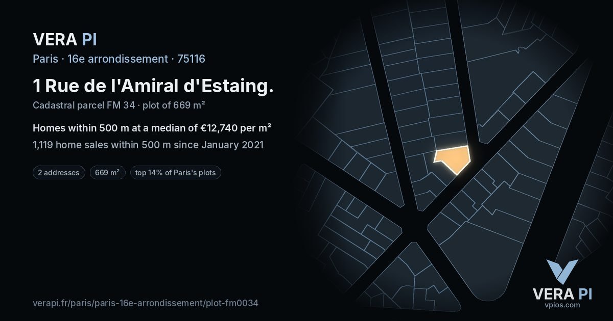 1 Rue de l'Amiral d'Estaing, 16e arrondissement at night – the plot lit, the parcels around coloured by the prices near them