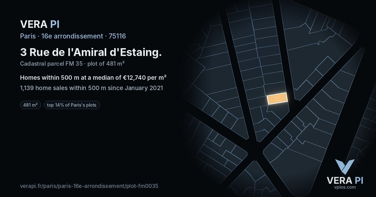 3 Rue de l'Amiral d'Estaing, 16e arrondissement at night – the plot lit, the parcels around coloured by the prices near them